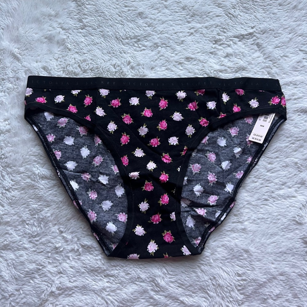 Victoria's Secret Black Pink Floral Rose Cotton Modal Bikini Panties Medium NWT
